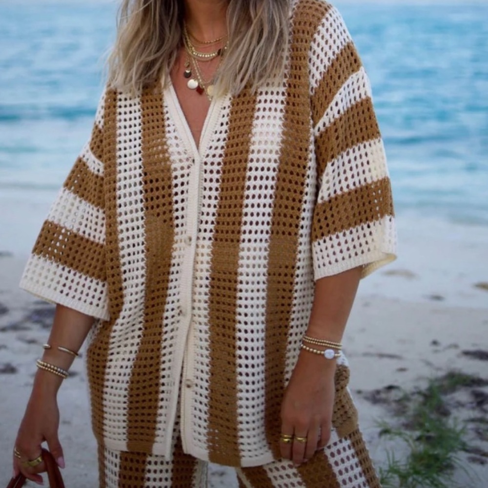 Vici x Caitlyn Bradley crochet button down cover up top NWT L